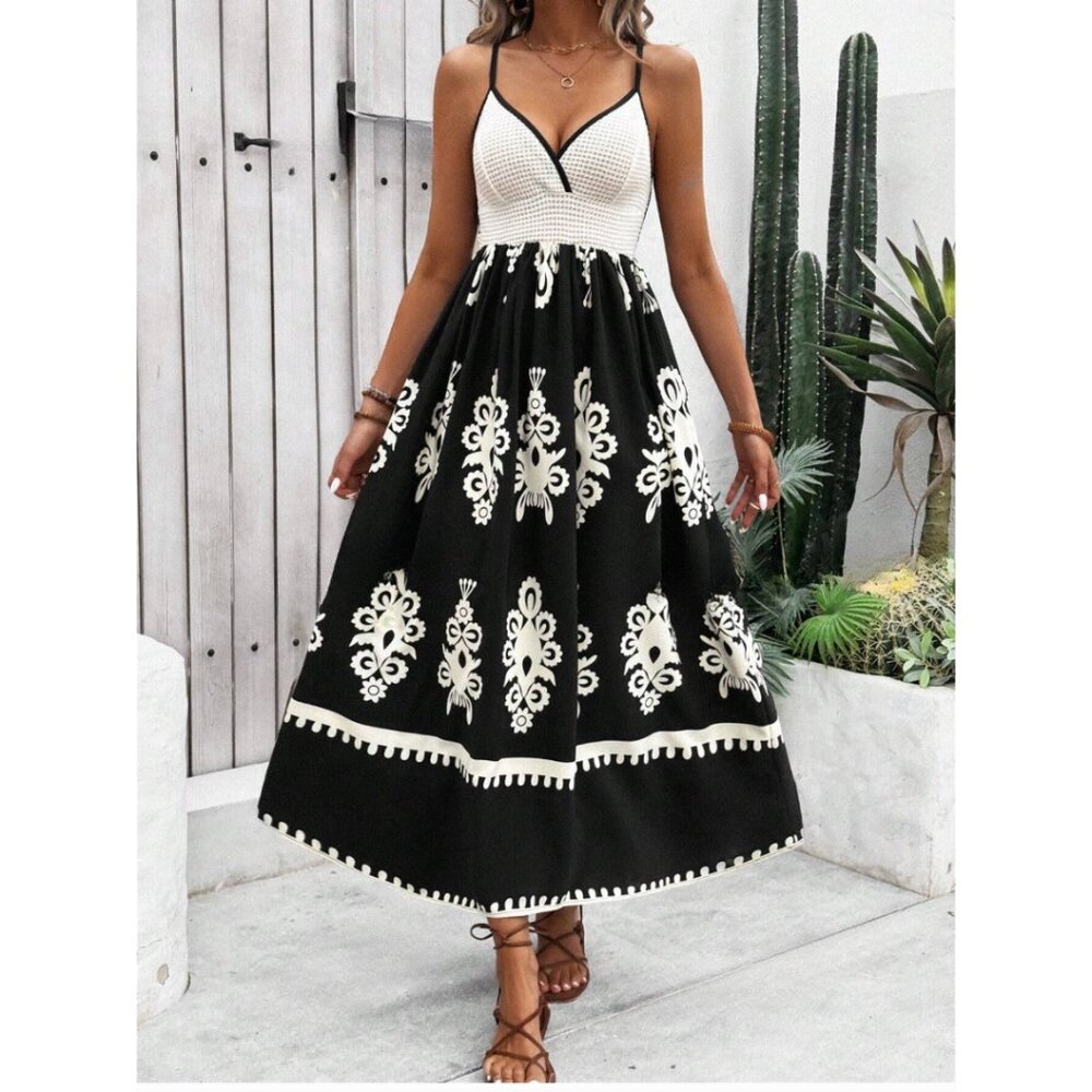 LAST ONE ๐ฅ Boho Tribal Print Cami Dress Black/White - Picture 3 of 8